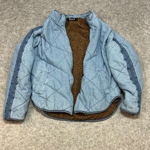 Blue B Collection Quilted Blue Denim Jacket Leopard Print Lined‎ Collared Size S